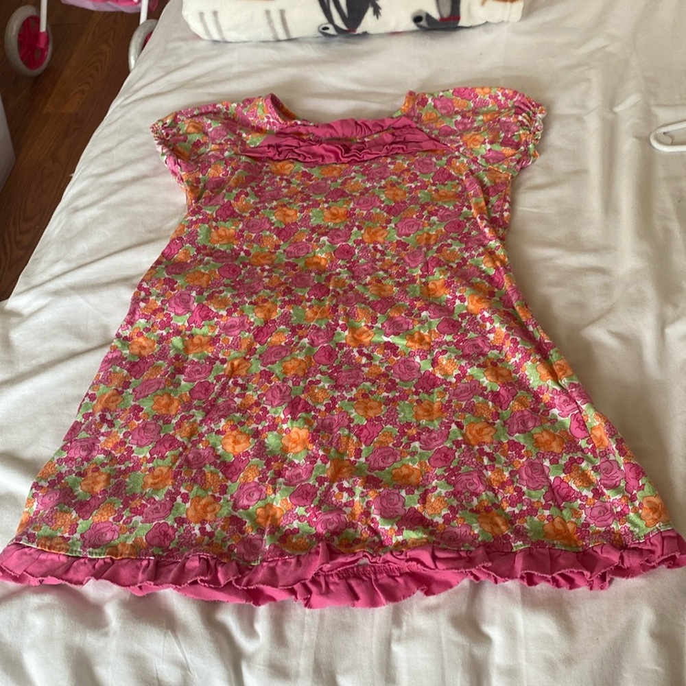Hanna Andersson Gorgeous Pink Floral Ruffle Spring Shift Dress 6-7 EUC